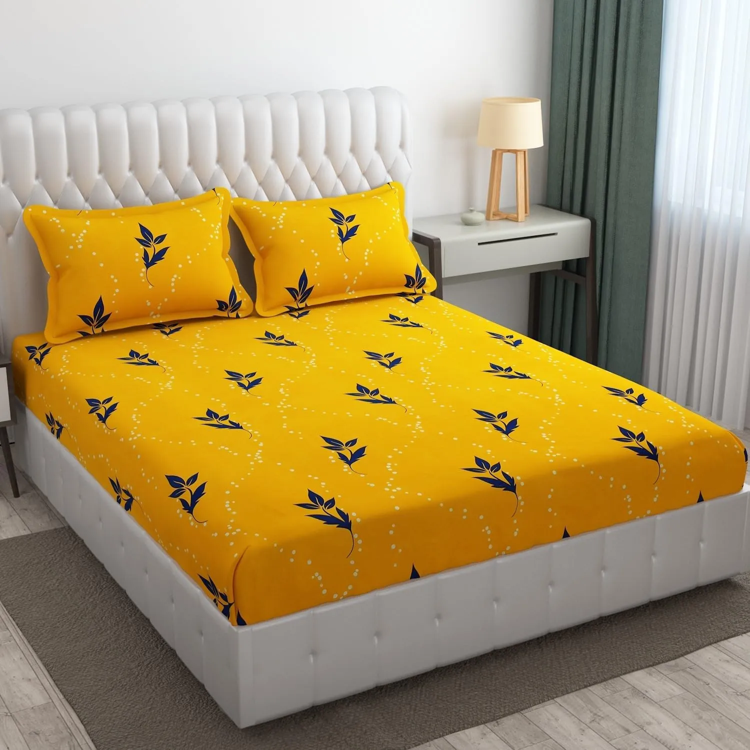Neekshaa Combo Pack of 2 Super Soft Elastic Fitted Glace Cotton Double Bedsheets with 4 Pillow Covers_Size-72 x 78   8 Inches, Multicolor (Model no.-77)