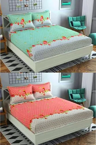 Neekshaa Combo Pack of 2 Super Soft Elastic Fitted Glace Cotton Double Bedsheets with 4 Pillow Covers_Size-72x72 8 inches, Multicolor (Model no.-13)